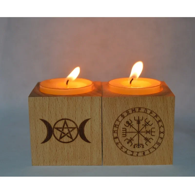 

Wood Altar candle holders wooden Candlestick with triple moon Viking compass runes ritual light holders witchcraft supplies