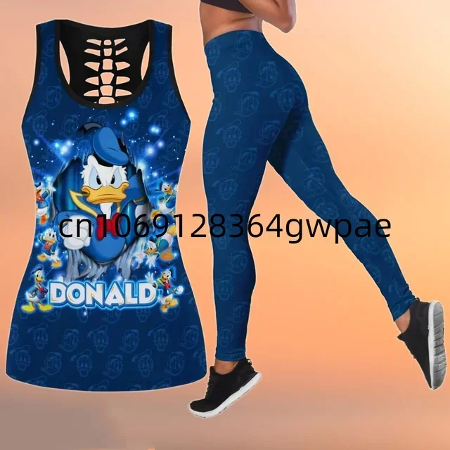 New Donald Duck Women Hollow Vest + Women Leggings Yoga Suit Disney Fitness Leggings Sports Suit Tank Top Legging Set Outfit