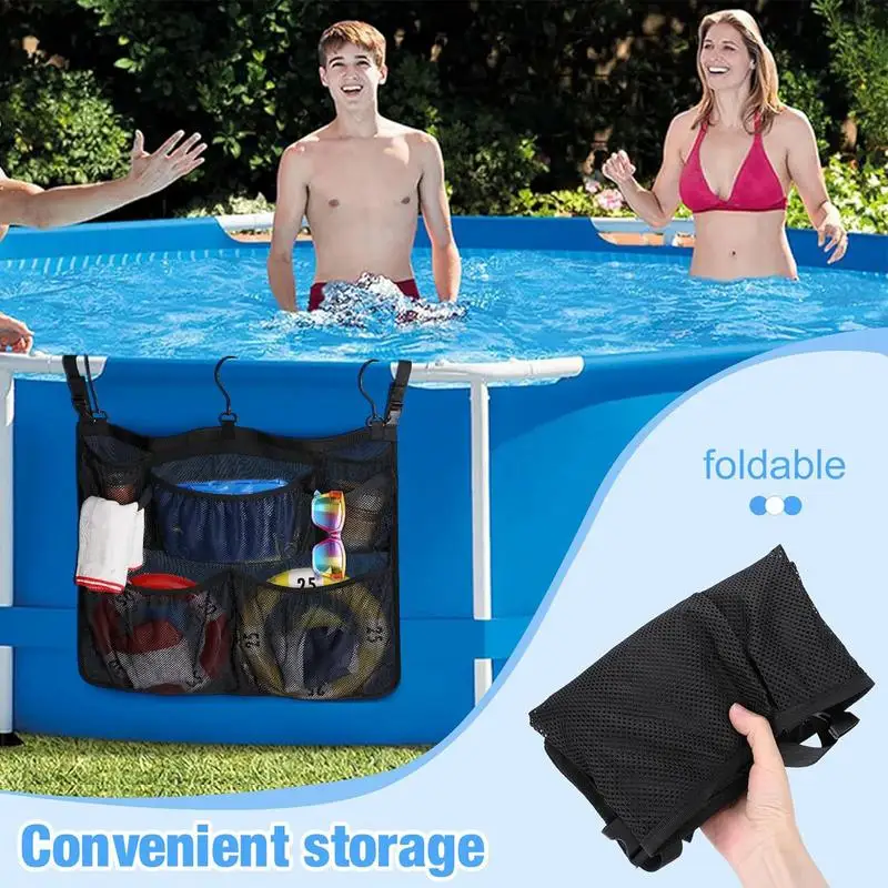 Pool Side Storage Bag Swimming Pool Side Organizer With 3 Large Hooks Multifunctional Pool Storage Hanging Bag Toy Storage Bag