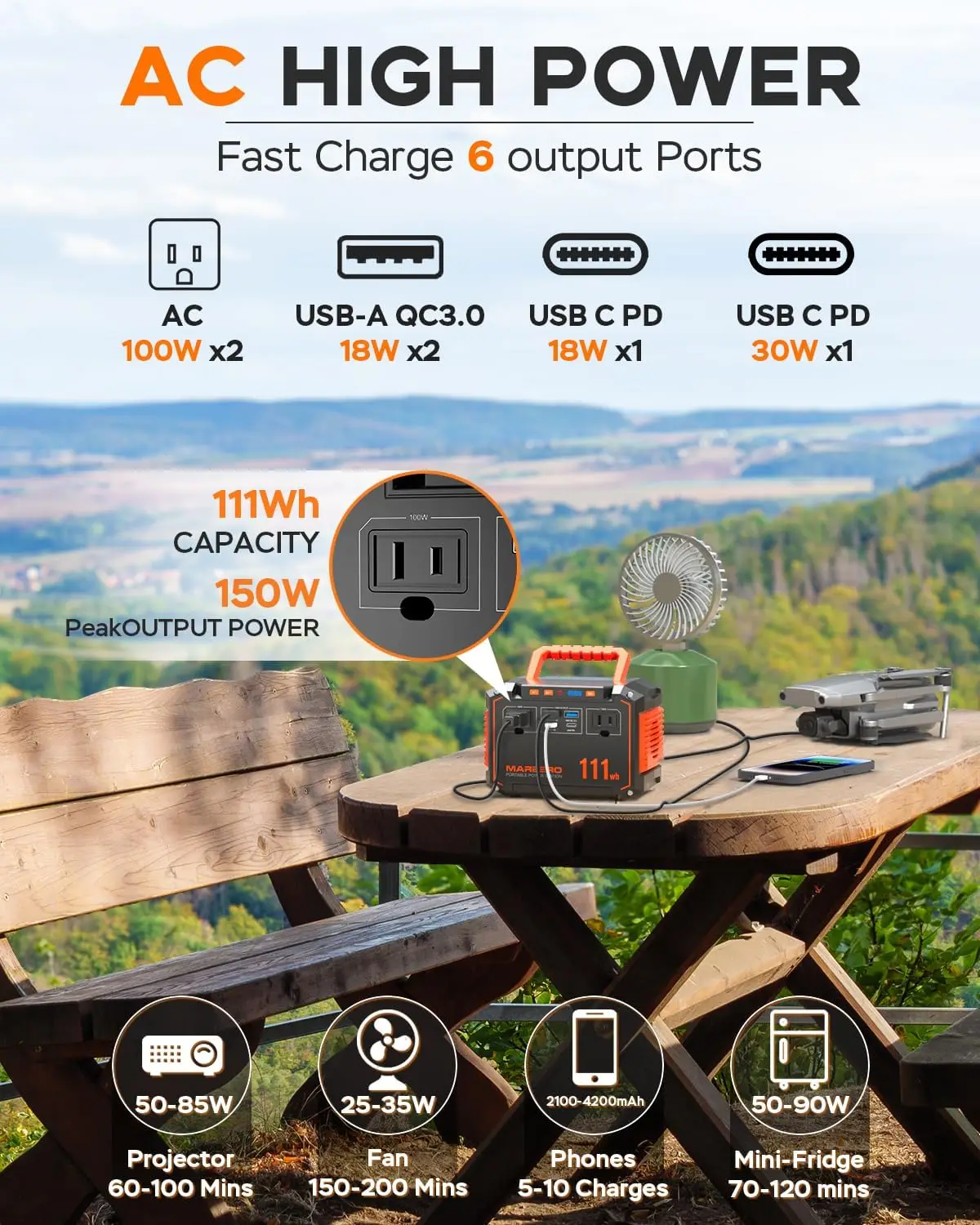 Marbero 150W Peak Solar Generator With 30W Solar Panel 111Wh Camping Portable Power Station 110V Power Bank With Ac