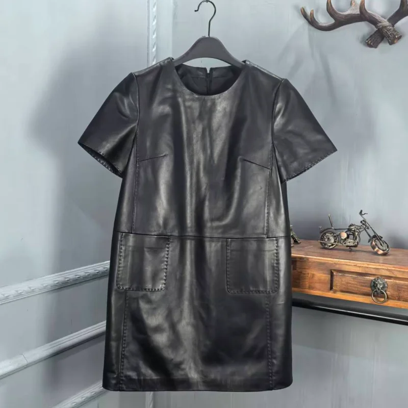 

Trendy 2025 Autumn New Sle Women's Leather Dr round Ne Bubble Sve eep Leather Loose Skirt Commute Sle ort Sve