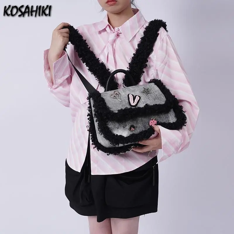 

Patchwork Fluffy Kawaii Cute Schoolbag Luxury Design Women Students Ins Shoulder Crossbody Bags Y2k Fashion Sweet Star Backpacks