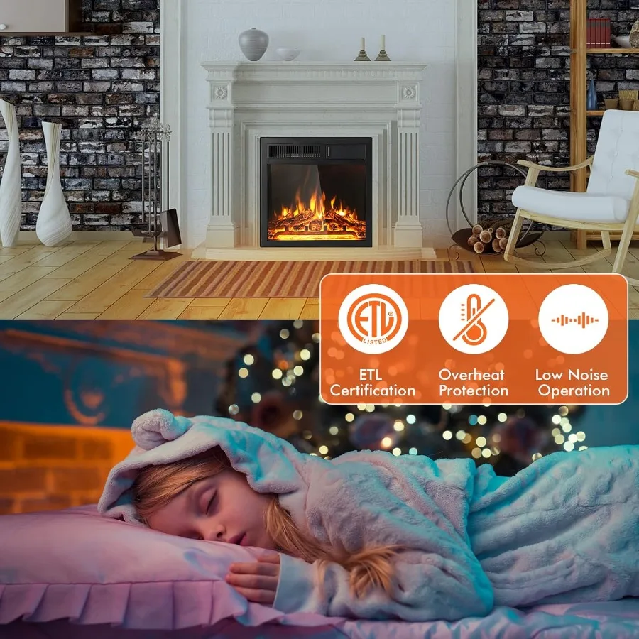 18 Inches Electric Fireplace Insert Recessed Fireplace Heater with 7-Level Adjustable Flame Brightness Remote Control Overheat
