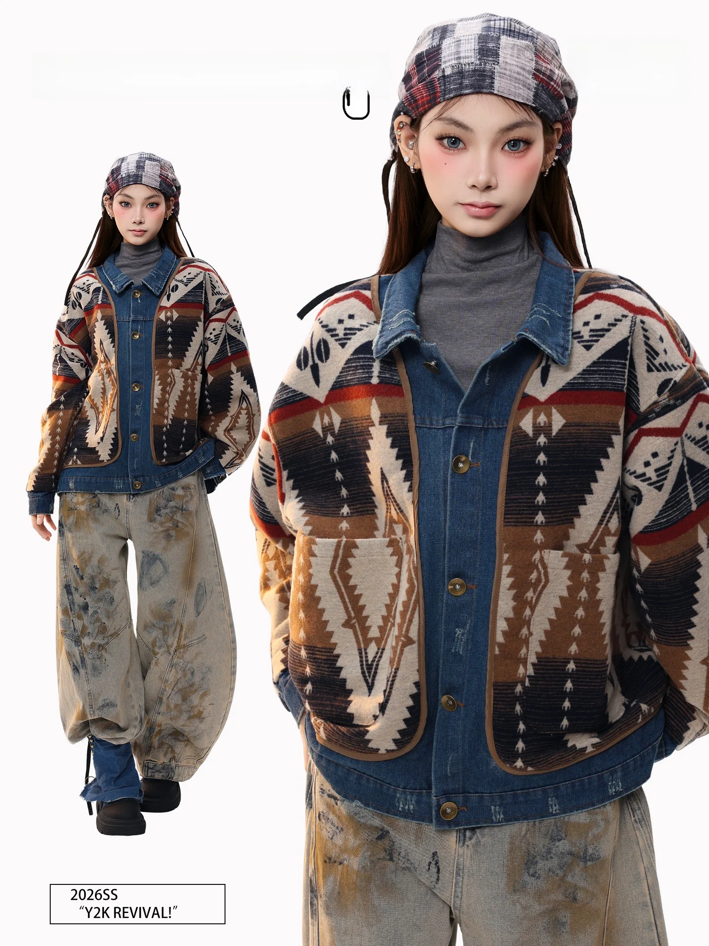 

PBB American Retro Denim Jaet Loose Fit Spring 2026 Men Women Fair Isle Pattern Casual Sle ort Coat for Ladies