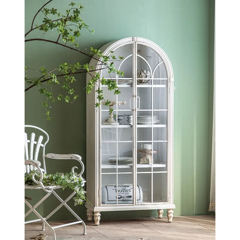 European Retro White Solid Wood Cabinet with Door Arch showcase Living Room Vintage Sideboard Cabinet Glass Wine Display Cabinet