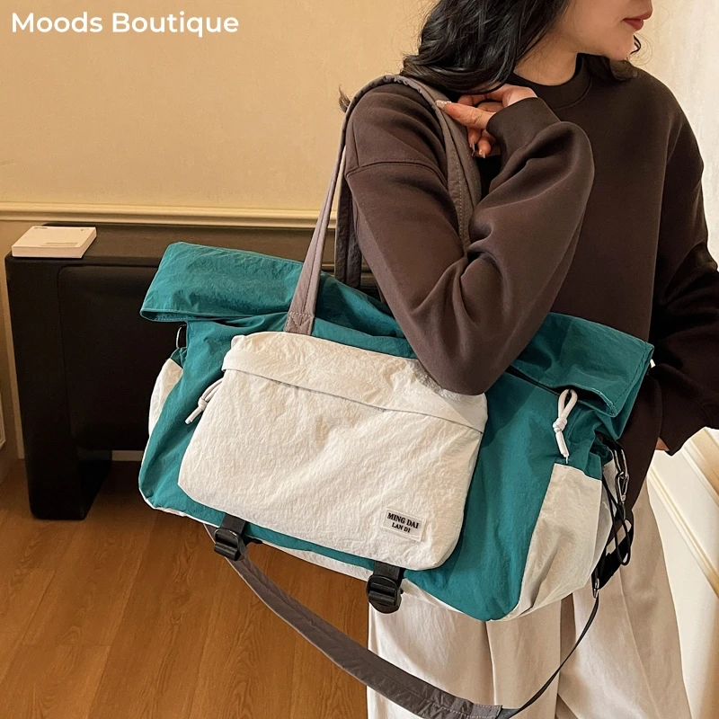 

Large Size Travelling Duffel Bag For Women Foldable Space-Saving Nylon Colorblock Shoulder Bag Multi-pocket Big Capacity Gym Bag