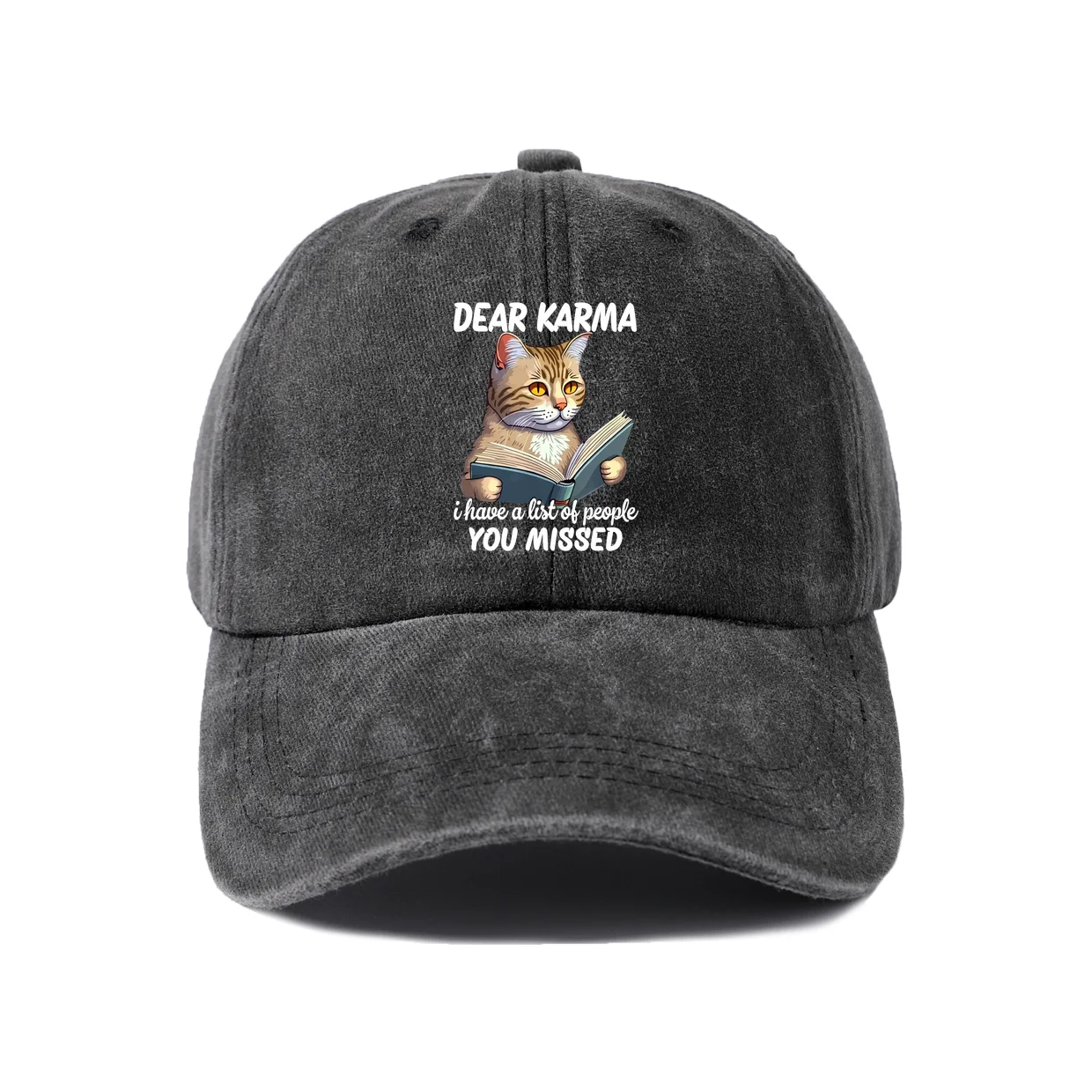 Dear Karma Cat Quote Graphic Baseball Cap, Vintage Washed Adjustable Unisex Dad Hat, Everyday Gift