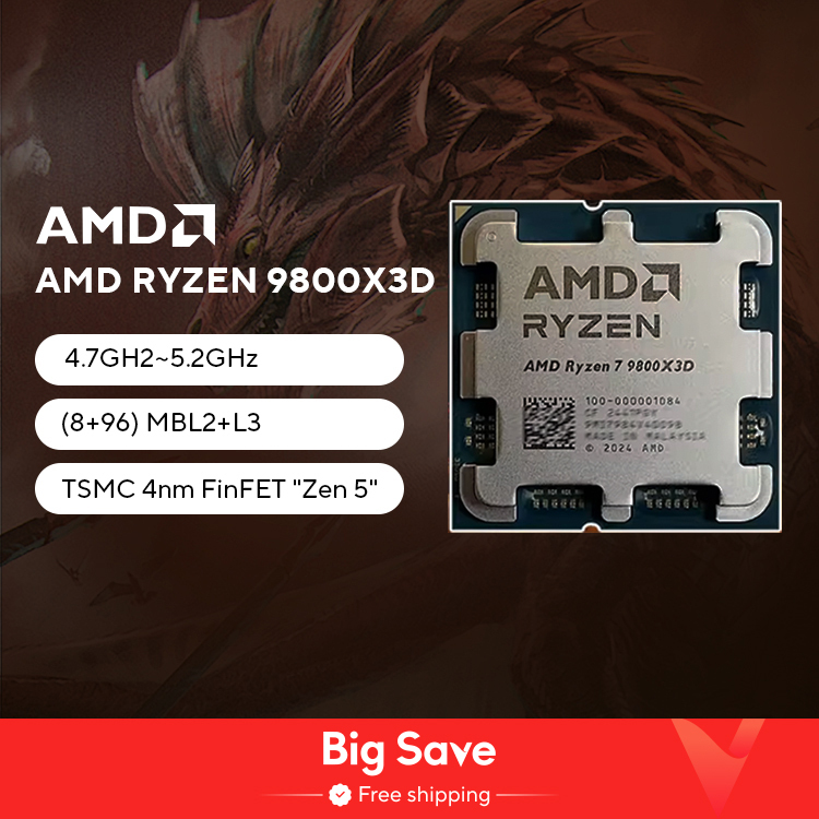 AMD Ryzen™ 7 9800X3D New Processor , 3D V-Cache 8C/16T 120W up to 5.2 GHz, L3=96M 100-100001084 Socket AM5 but without cooler
