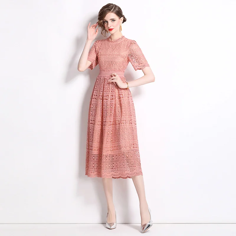 Summer New Light Luxury Fashion HoIIow Out Lace Dresses Women's Stand Neck Temperament Slim Fit Elegant A-line Casual Long Dress