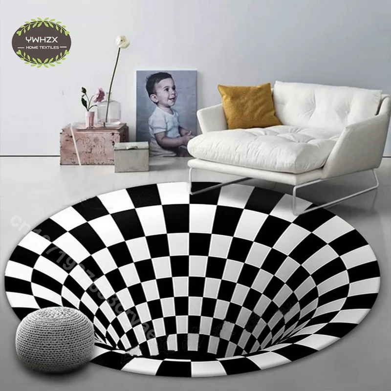 3D Stereo Plaid Vision Round Carpet for Living Room Coffee Table Area Black White Floor Mat Anti-Skid Home Decor Geometric Rug