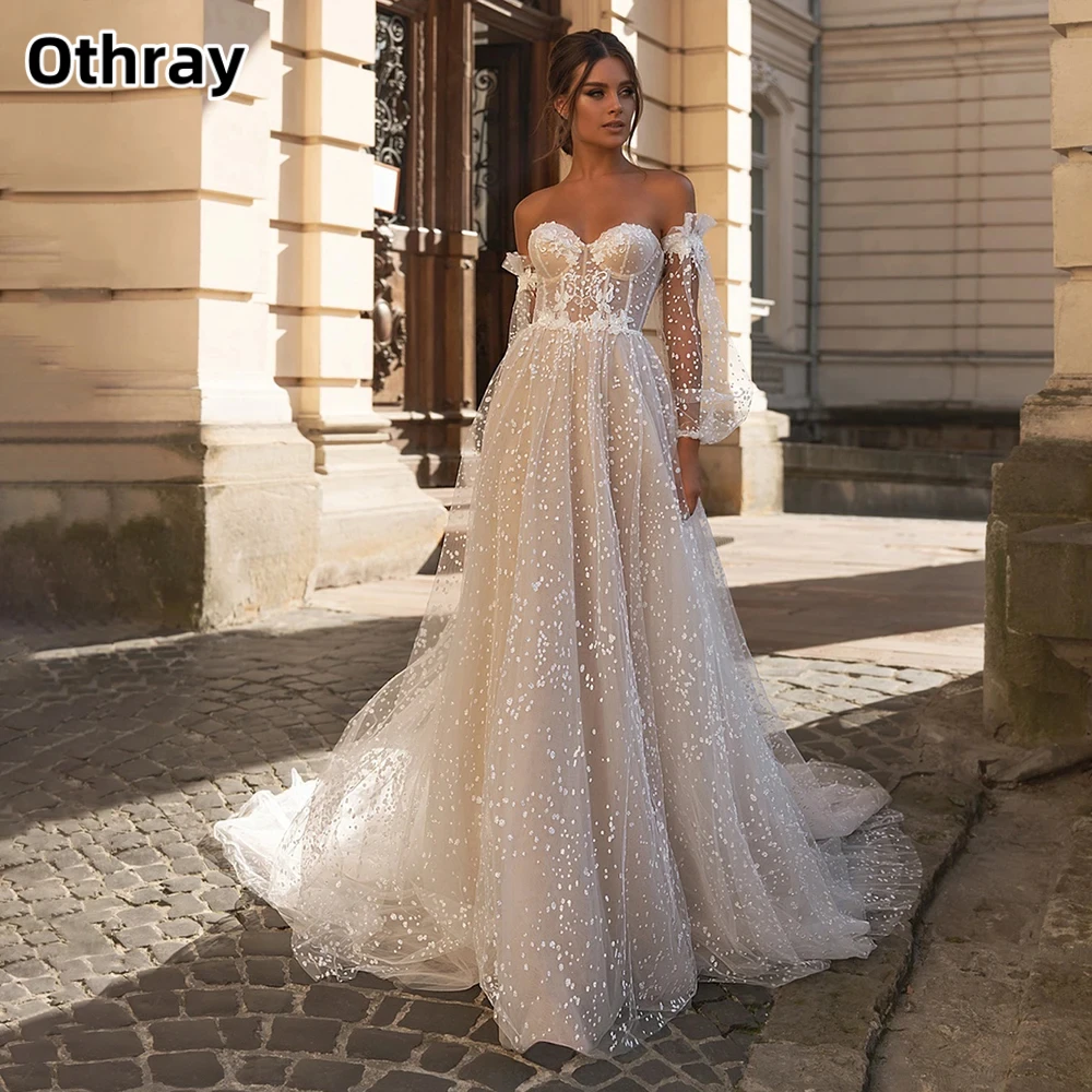 Othray Sexy Sweetheart Long Puff Sleeves A-Line Wedding Dresses Sweep Train For Bride Backless Glitter Dot Tulle Robe De Marie