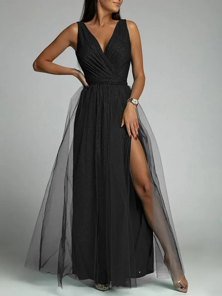Spaghetti Strap High Waist Women Party Solid Dress Summer V Neck Casual Long Dress Elegant Chic Femme Backless Loose Club Dress