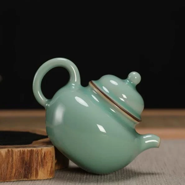 Long Quan Di Kiln Plum Green Tea Pot Ceramic Tea Infuser Single Pot Pegball Teapot by Celadon Master Huang Chang Wei