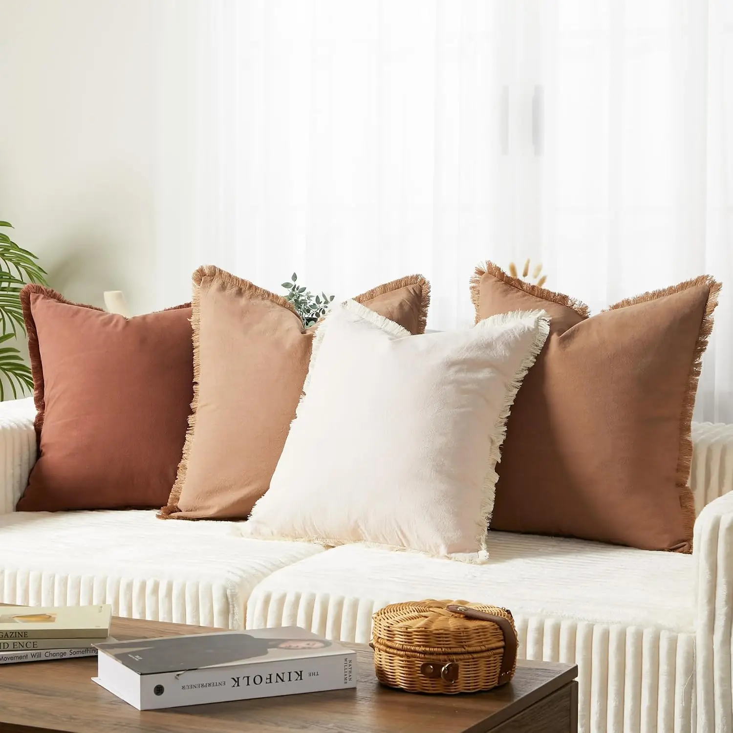 Washed Cotton Pillow Covers with Tassels – 4 Pack, 20x20 Inch, Soft Decorative Farmhouse Boho Cushion Cases for Sofa, Bedroom, Living Room & Home Decor