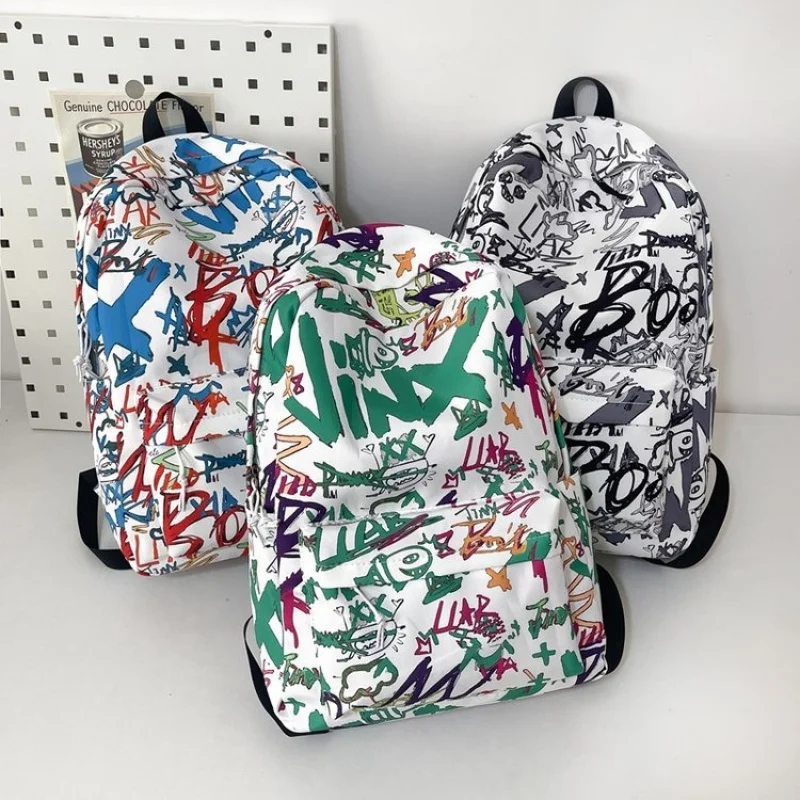 2025Spring Street Trend Hip-Hop Harajuku Color-Block Letter Print Nylon Zipper Backpack Outdoor Travel Backpack