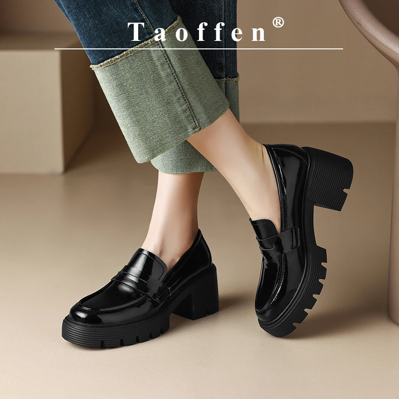 Taoffen Women Penny Loafers Genuine Leather Mid Block Heels Office Ladies Shoes JK School Casual Slip On Classic Platform Lofers