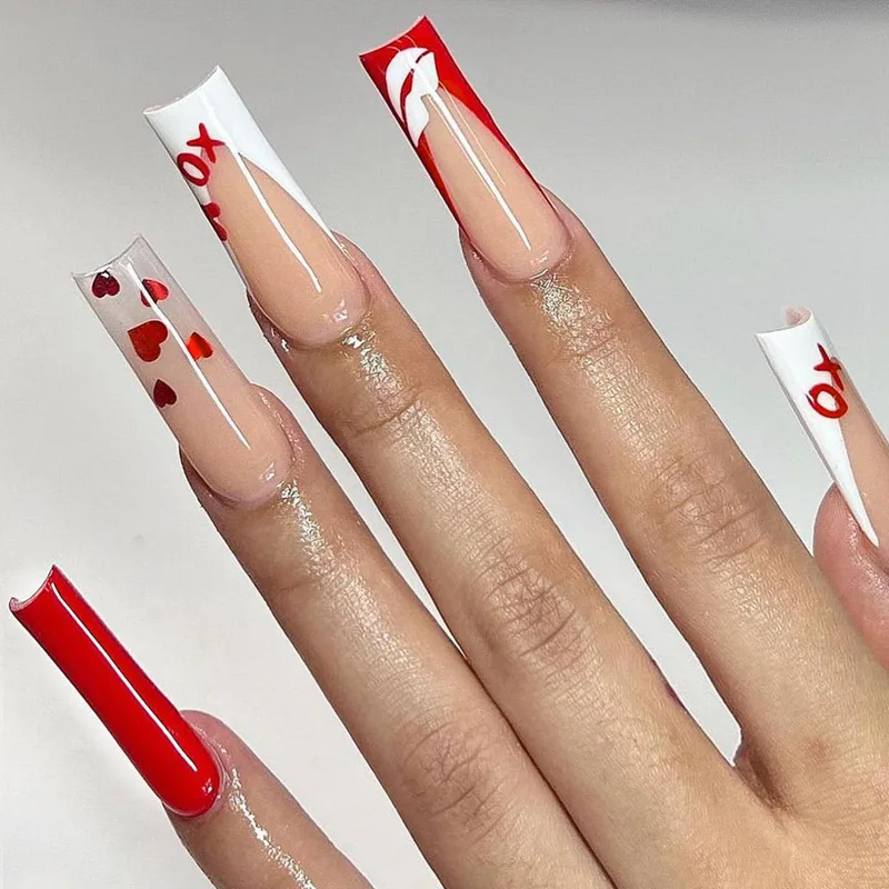 

24pcs False Nails Red Heart Kiss Valentine's Day French Long Ladder Press-on Reusable Nail Tips Suitable for Girls and Friends