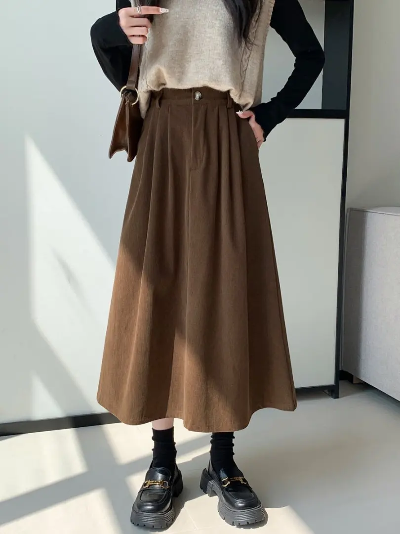 الخريف الشتاء خمر سروال قصير تنورة صغيرة للنساء مرونة الخصر عادية فضفاض ألف خط كوريا التنانير الطويلة سيدة