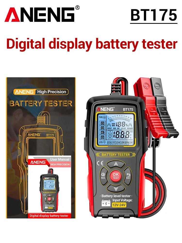 12V 24V Autoaccu Tester Digitale Automotive Belastingtester 50-1999 CCA Accu Analysator ANENG BT175 Met Geïsoleerde Krokodillenklem - afbeelding 1