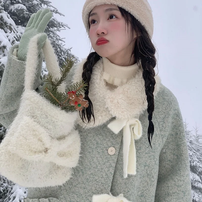Thickened Plush Collar Women'S Winter Overcoat With Slant Front Closure - Green Medium-Length Wool Blazer Sweet Forest Style