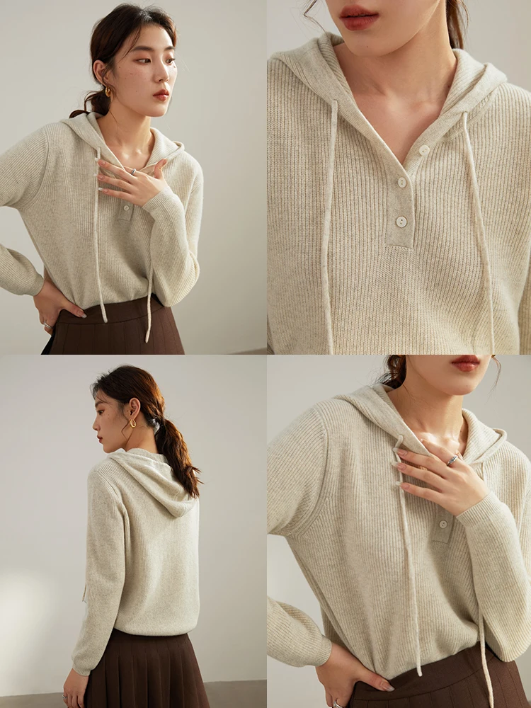 DUSHU Lazy Wind Hooded Sweater Women Winter New 2022 Slim Top Casual Commuter Solid Color Female Hooded Knitted Sweaters