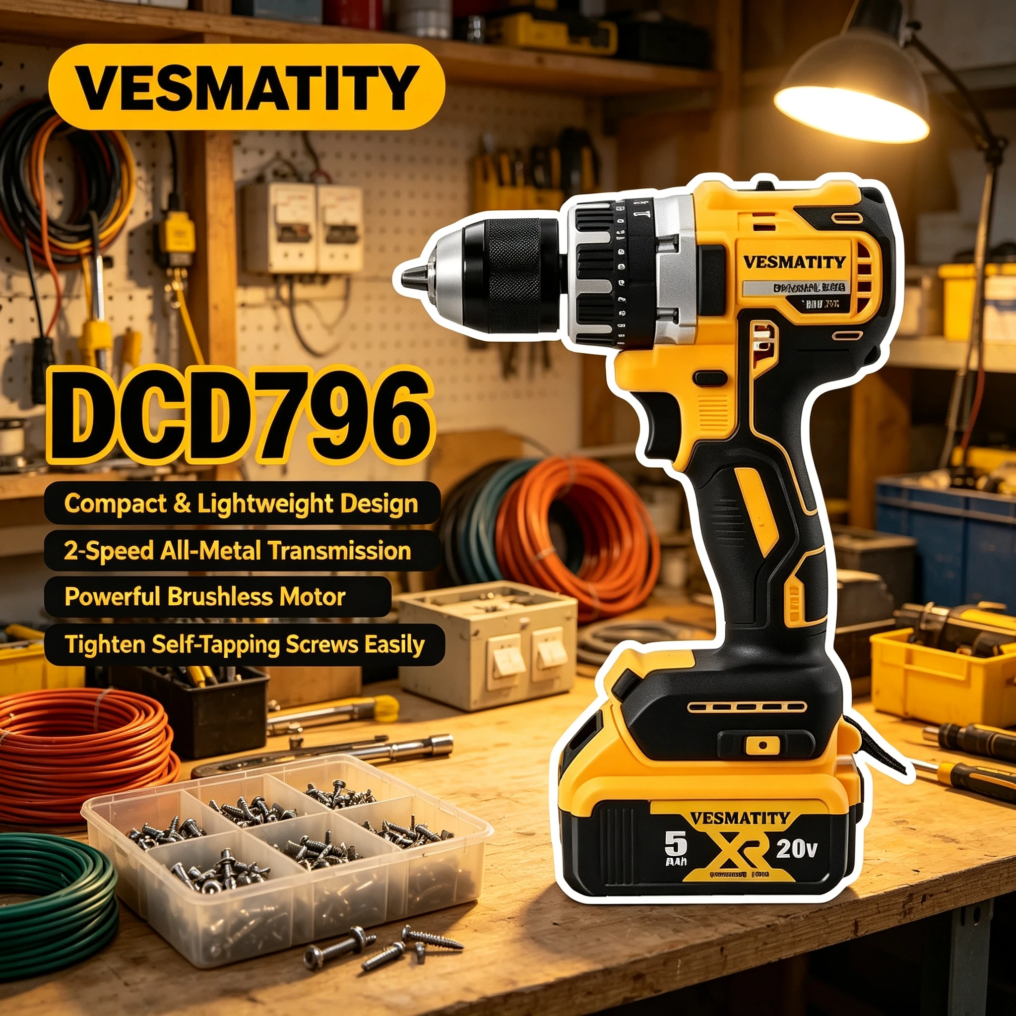 3/8" Chuck Vesmatity DCD796 Bürstenloser Schlagbohrer 70N.m 0-2200 U/min 34000 BPS 14+1 Kupplung für DeWALT 20V XR Xtreme
