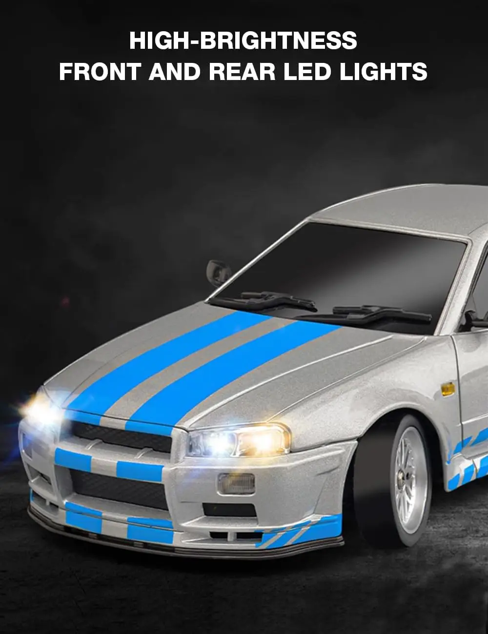 1/18 Scale Remote Control Drift Car, 2.4GHz RWD Mini Model Vehicle with Gyro Stabilizer, Alloy Body Shell Racing Car for Adult Hobbyists, GTR R34 Style (Silver-Blue) - view 4