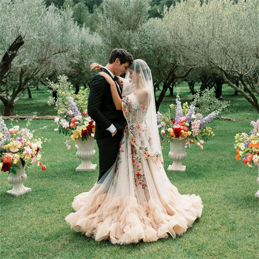 12970 #   Personalizado único fora do ombro flor apliques rendas babados tule a linha vestido de casamento com véu vestido de noiva para mulher