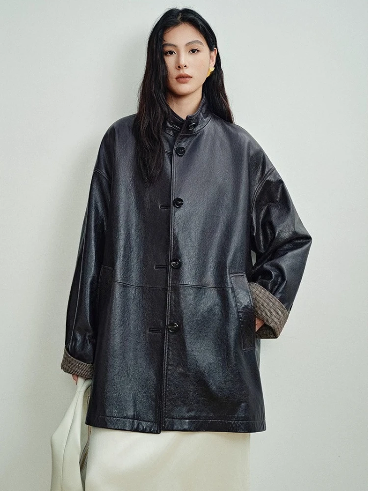 

Mid-length Genuine Leather Windbreaker Jackets for Women Autumn Winter High-end Simple Stand Collar Oil Wax Real Sheepskin Coat