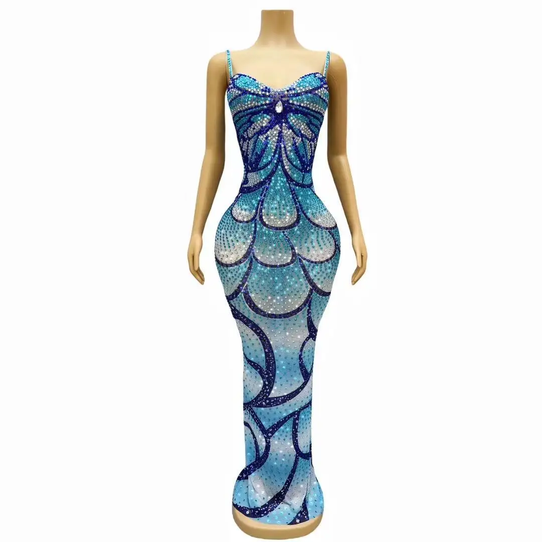

Fancy Blue Diamonds Butterfly Dress Women Birthday Celebrate Dress Transparent Party Outfit Collection Stretch Costume Bingpodie