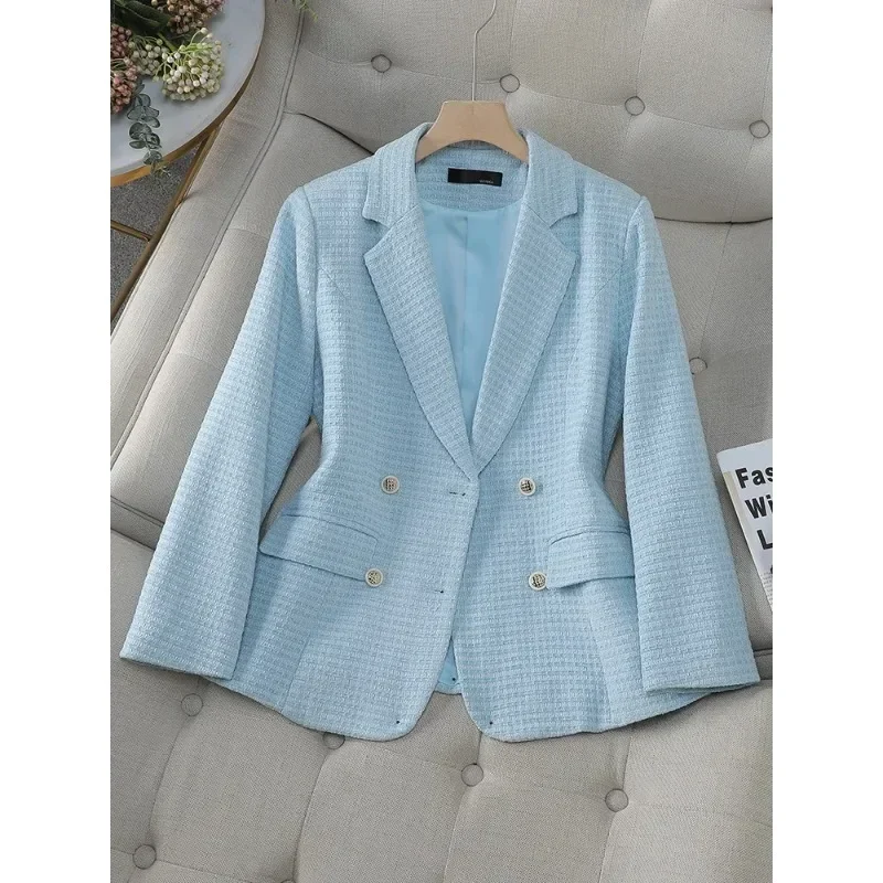 Women's Blazer Ladies Casual Autumn Winter Jacket Female Long Sleeve Button Decoration Pink Blue Apricot Plaid Coat