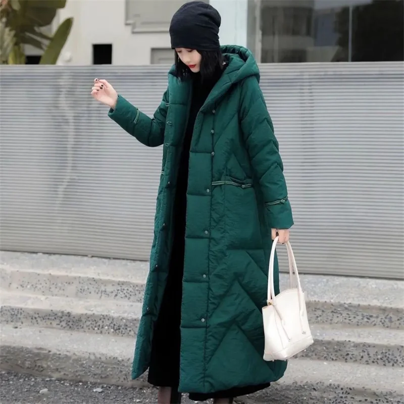 

Winter Down Cotton Padded Women Chinese National Style Long Outwear Thickened Warm Hooded Parka Coat Female