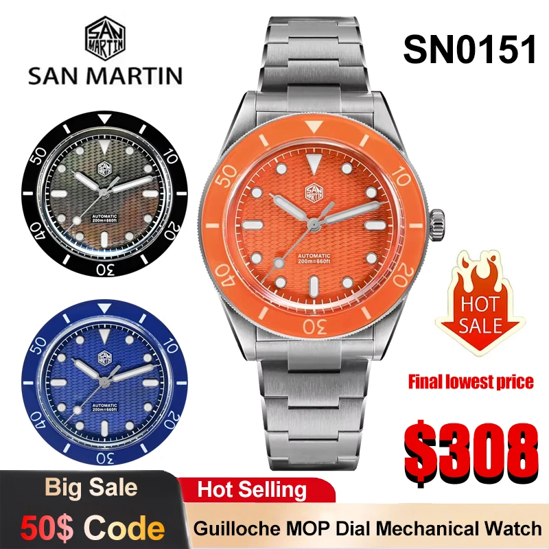 San Martin SN0151 Mechanical Watch New Guilloche MOP Dial Miyota 90S5 Automatic Movement Sport Watch Sapphire 20Bar Luxury Watch