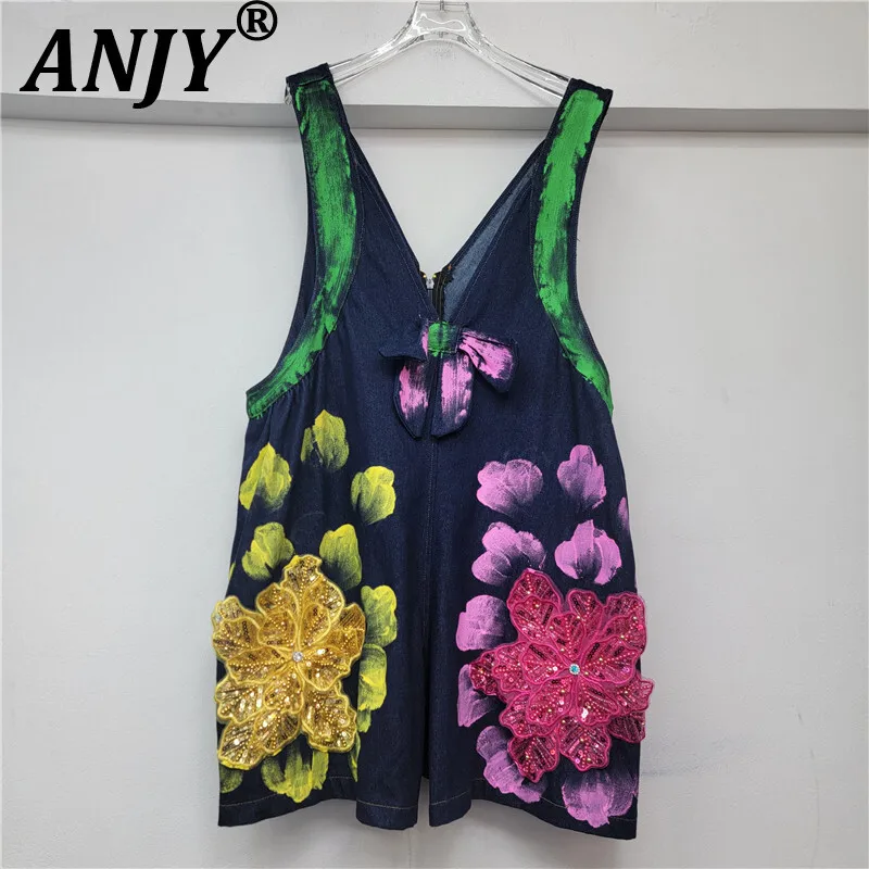

ANJY Summer New Women's Streetwear Niche Design Casual Stylish Tide Three-dimensional Flower Printed Denim Jumpsuit Shorts A7965