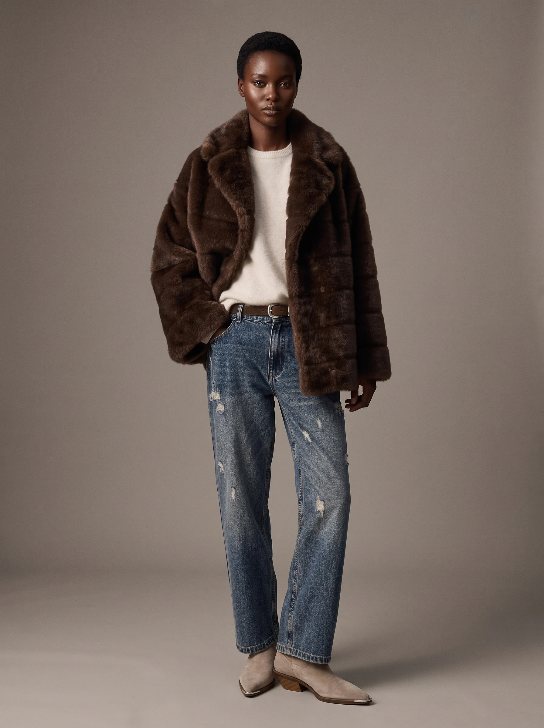 IG 2026 Women Notched Lapel Faux Mink Fur Coat Mid Length Loose Long Sleeve Elegant Luxury Warm Winter Fashion Outer Jacket