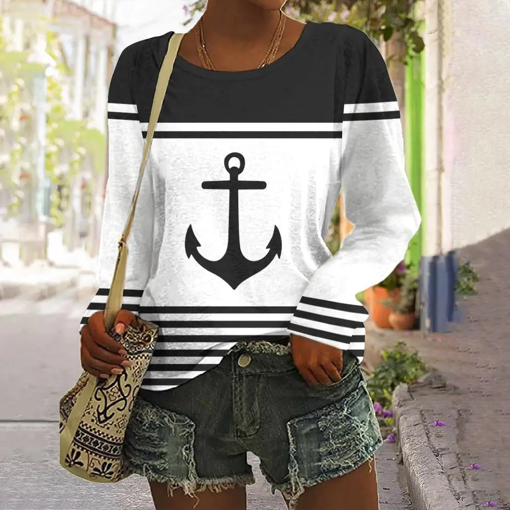 Fashion Anchor Pattern Black And White Stripe Long Sleeves T shirt Fall Cotton Women\'s Crewneck T-shirt Loose Y2K Women Clothing