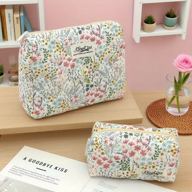 1개, 세련된 꽃무늬 퀼트 메이크업 가방 - 다기능 보관 파우치, 휴대용 세면도구 정리함, 여행용 액세서리 가방