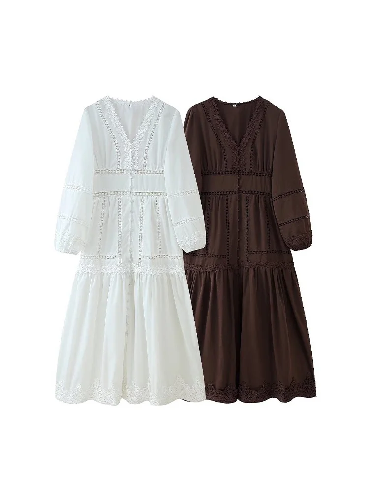 Elegante V-hals midi-jurk met kant voor dames - Lange mouwen, knoopsluiting, opengewerkte casual lange jurk voor lente, zomer en dagelijks gebruik - afbeelding 2