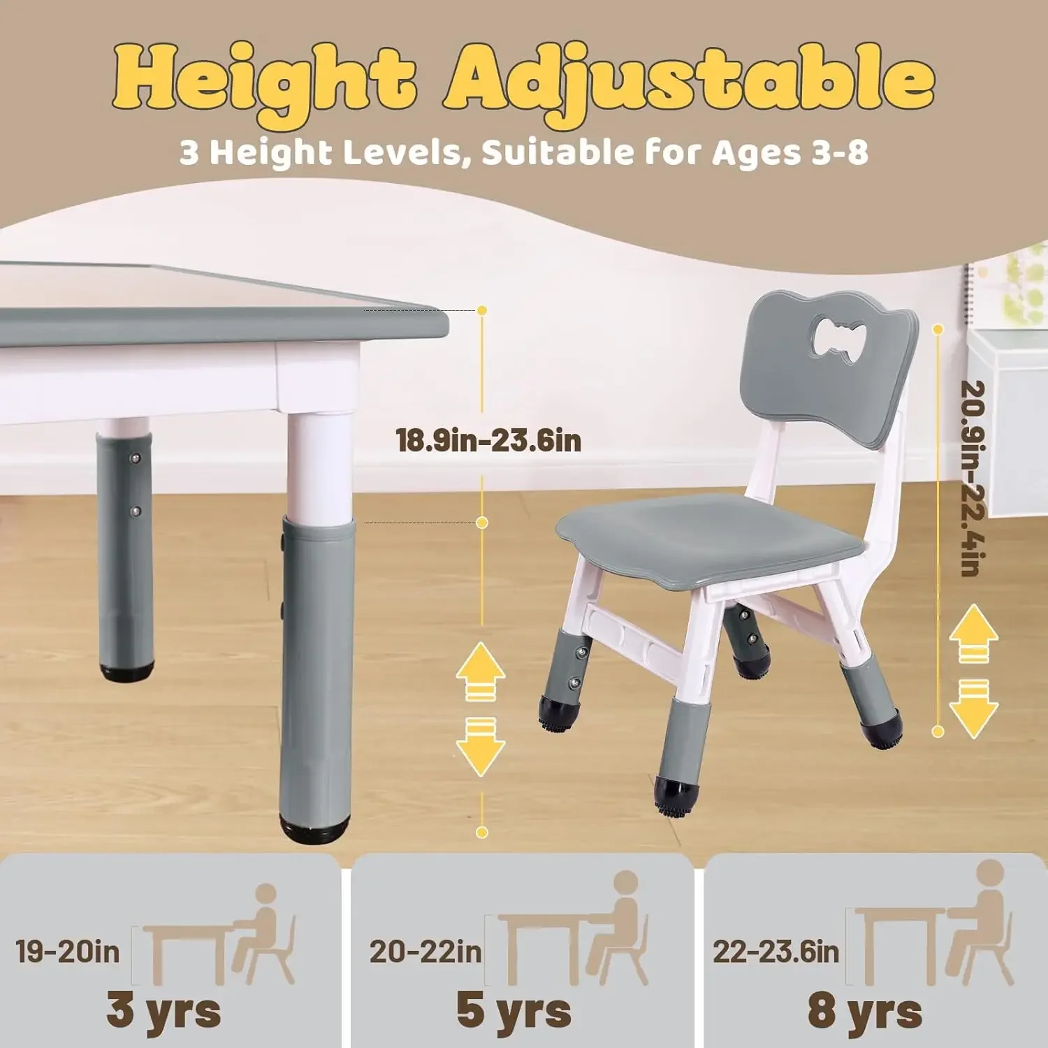 Set met 4 stoelen voor kinderen van 3-8 jaar, in hoogte verstelbare peutertafel en stoelenset, gemakkelijk af te vegen kunst- en ambachtstafel, voor klaslokalen/dagca