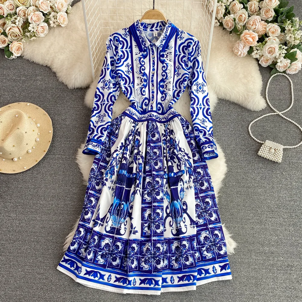 JAMERARY Fashion Runway Red Rose Blue White Porcelain Floral Shirt Dress Women Summer Autumn Long Sleeve Midi Vestidos