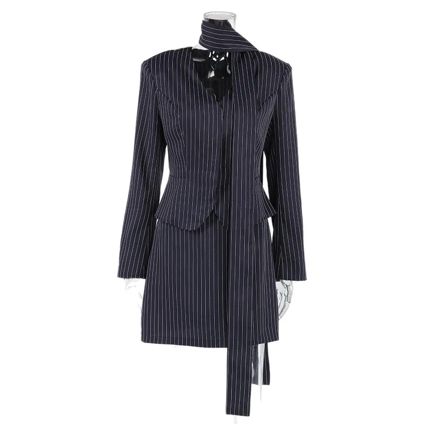 

Business Casual Striped Two-Piece Suit Set Neck Hanging Short Waist-Cinching Blouse And Skirt for Women Spring Office Wear