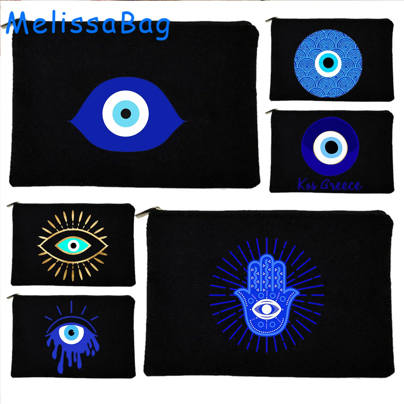 Greek Turkish Colorful Nazar Blue Evil Eye Hamsa Hand Girl Amulet GREECE Canvas Bag Cosmetic Makeup Bag Pencil Case Zipper Pouch