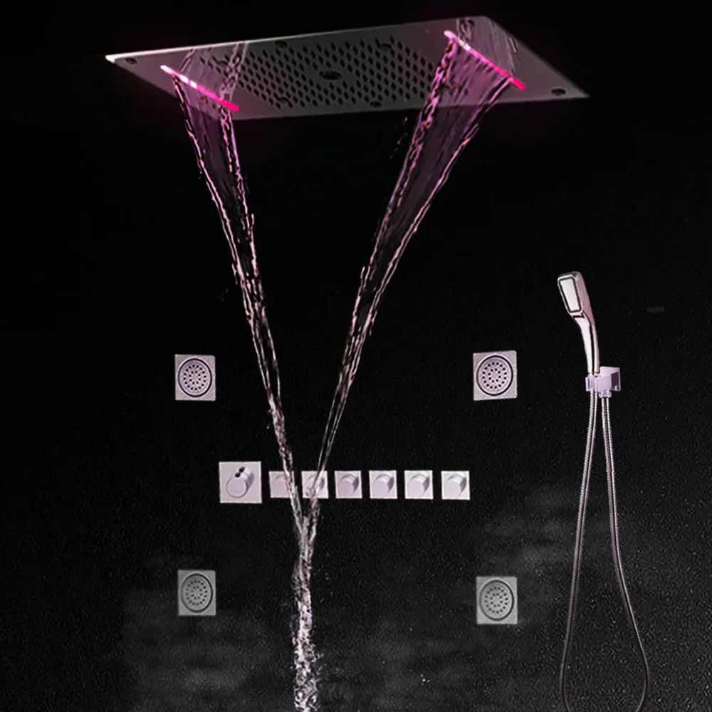 

Luxury Concealed Thermostatic Shower System with Waterfall Rain LED Ceiling Shower Head Quick Opening Valve And Massage Jets