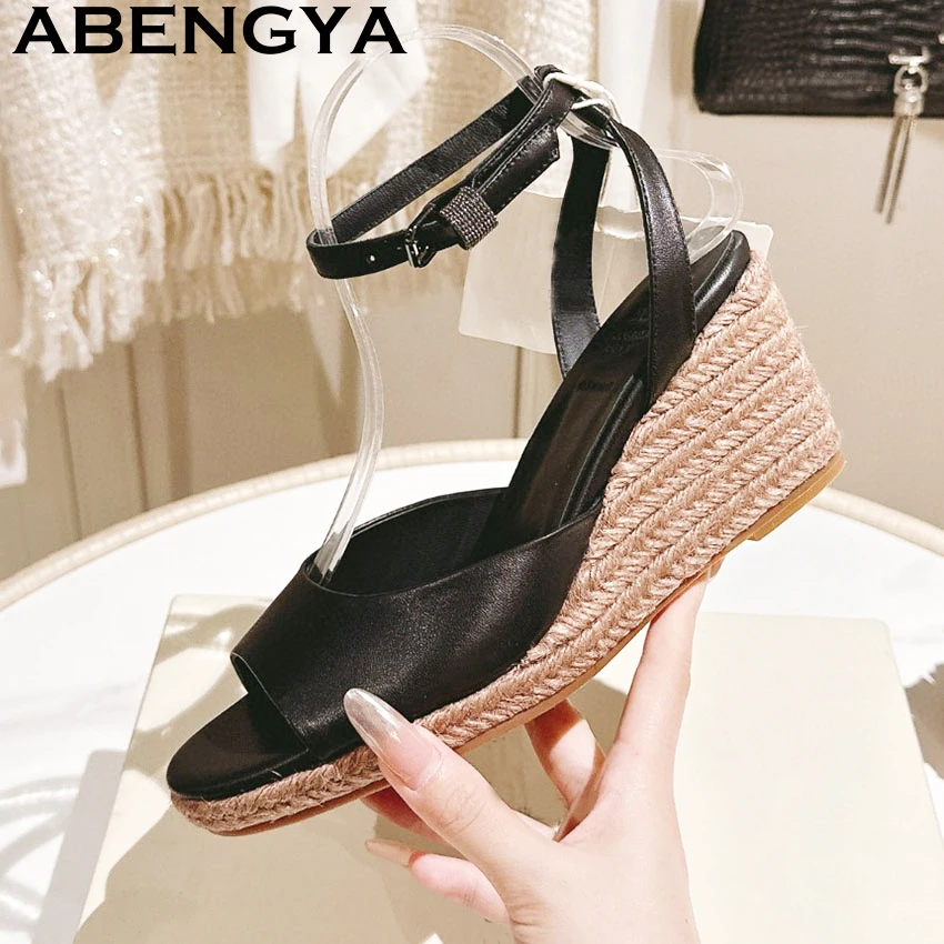 

ABENGYA Round Peep Toe Wedge-soled Sandals Women Real Leather Ankle Buckle Slipsole High Heel Sandals Summer Dress Shoes Woman