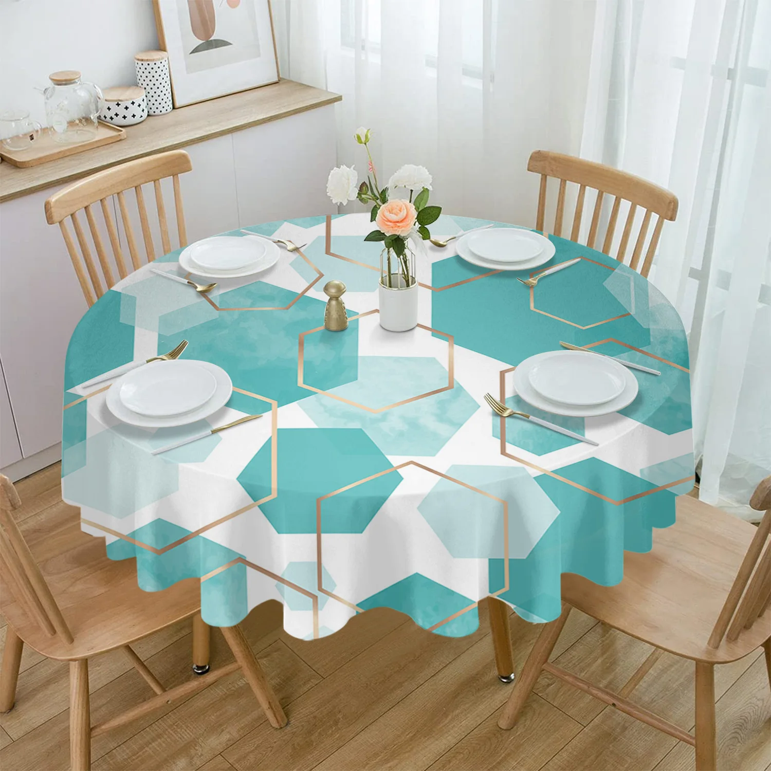 Aqua Green Geometric Texture Round Tablecloth Waterproof Wedding Party Table Cover Xmas Dining Table Tablecloth