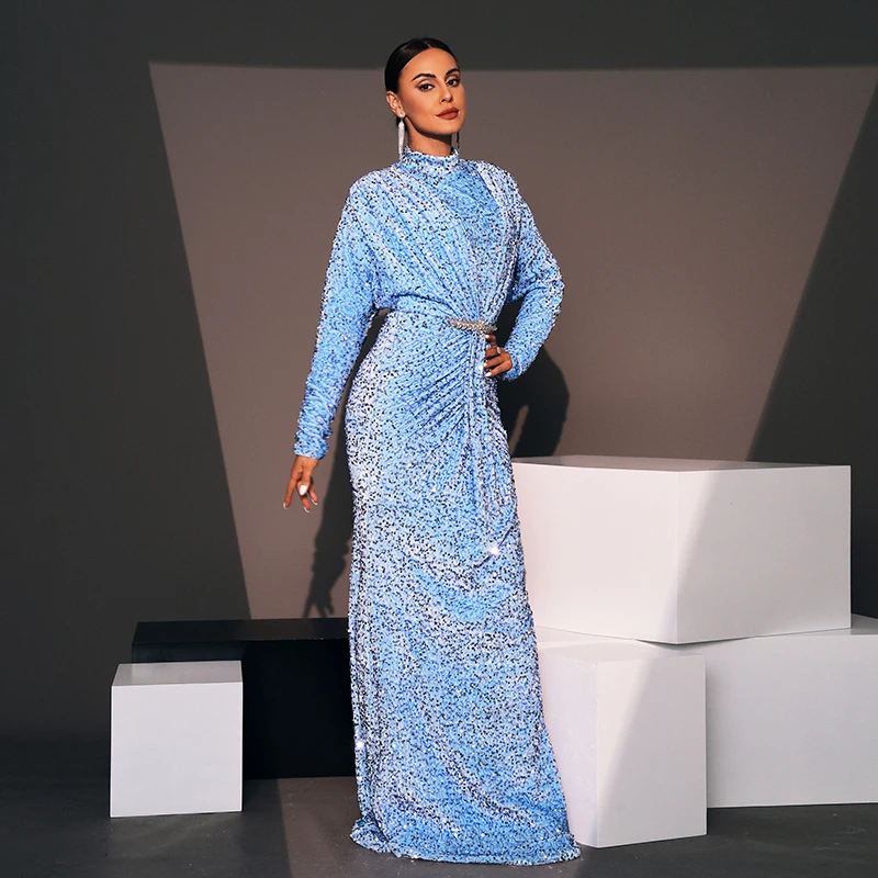 2024 New Women Long Sleeve O neck Blue Dresses Elegant Sequined Prom Cocktail Party Wear Wedding Evening Maxi Dress