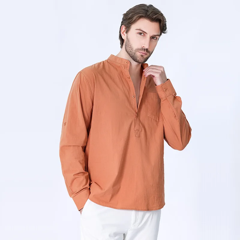 

Loose Fit Pure Cotton Long Sve irt Men's Henry Collar Linen Yoga Fitn T-irt Comfortable Breathable Casual Sle