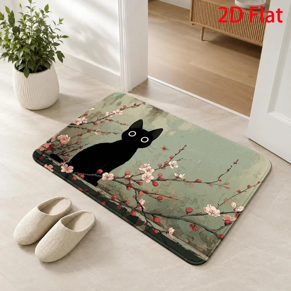 Artistic Cherry Blossom Black Cat Front Door Doormat Welcome Rug Entryway Porch Back Door Living Room Non Slip Mat