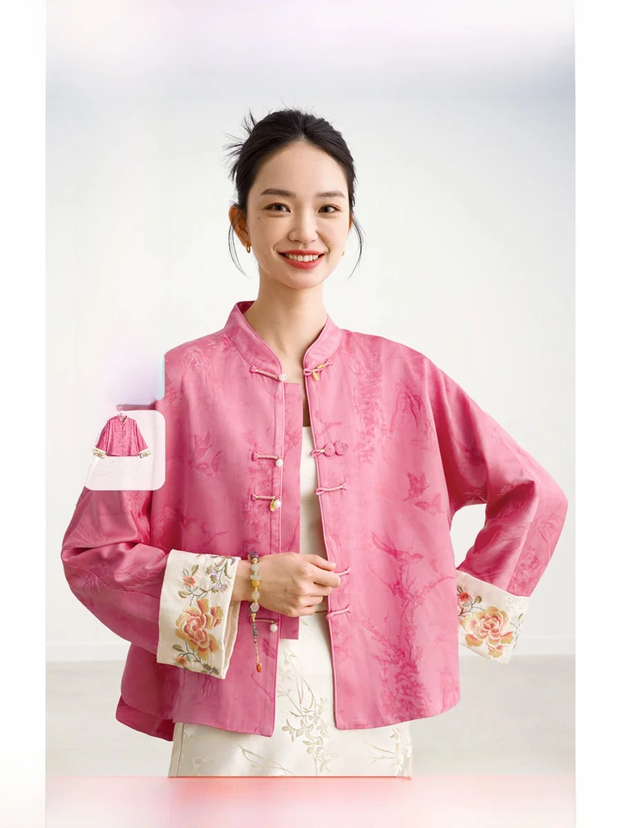 

Новая китайская шелковая куртка ROCO с вышивкой, воротником-стойкой, декоративными пуговицами и 3D-рельефным цветочным узором, женская верхняя одежда