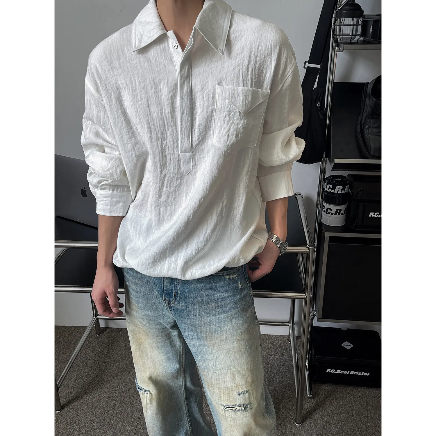 Men's Oversized Pullover Shirt – Vintage Washed Cotton Long Sleeve Top with Pocket, Korean Streetwear Style for Autumn